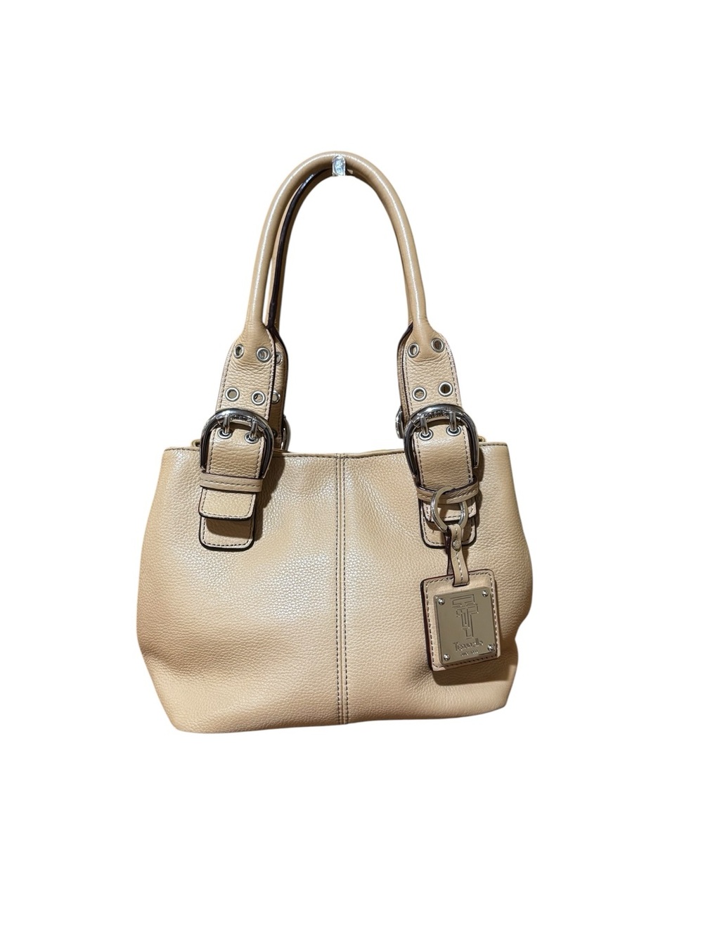 Tignanello Beige Pebbled Leather Shoulder Bag with Buckle Accents